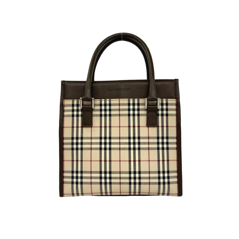 BURBERRY Nova Check Pattern Canvas Leather Genuine Handbag Mini Tote Bag Brow...